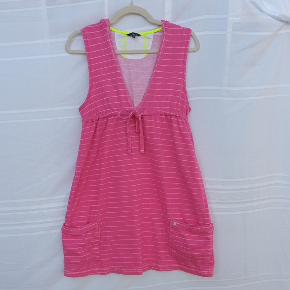 20teens Beachy Summer Hurley Pink Striped Sleeveless Mini Dress Hood & pockets